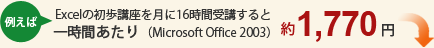 例えば、Excelの初歩講座を月に16時間受講すると一時間あたり（Microsoft Office 2003）　1771円